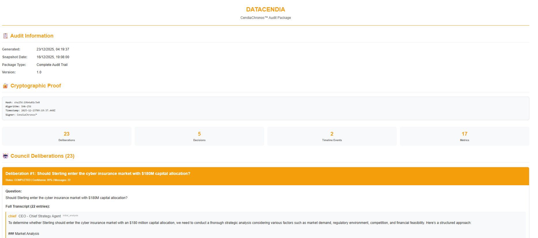 Datacendia audit packet generation showing cryptographic evidence trail for SOC 2 compliance